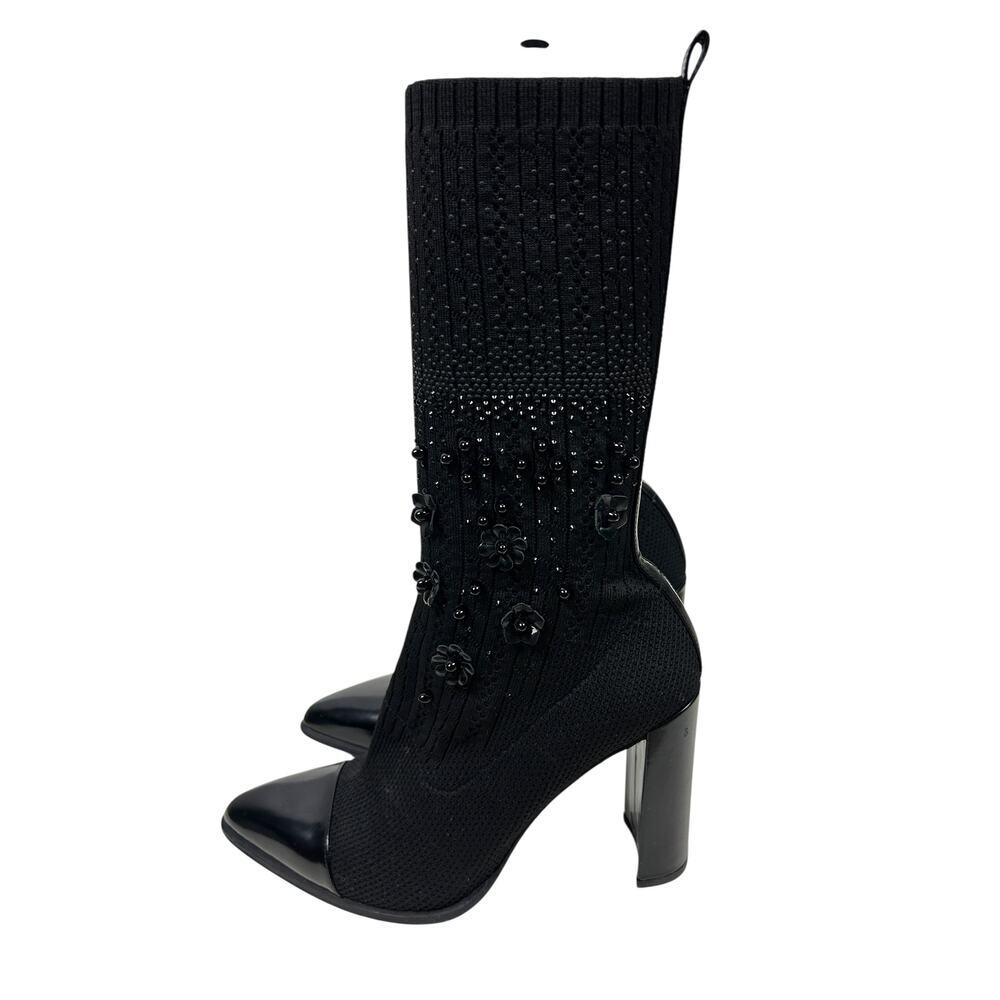 Stuart Weitzman Sock Hop Knit Floral Pointed Toe Mid Calf Booties 9.5